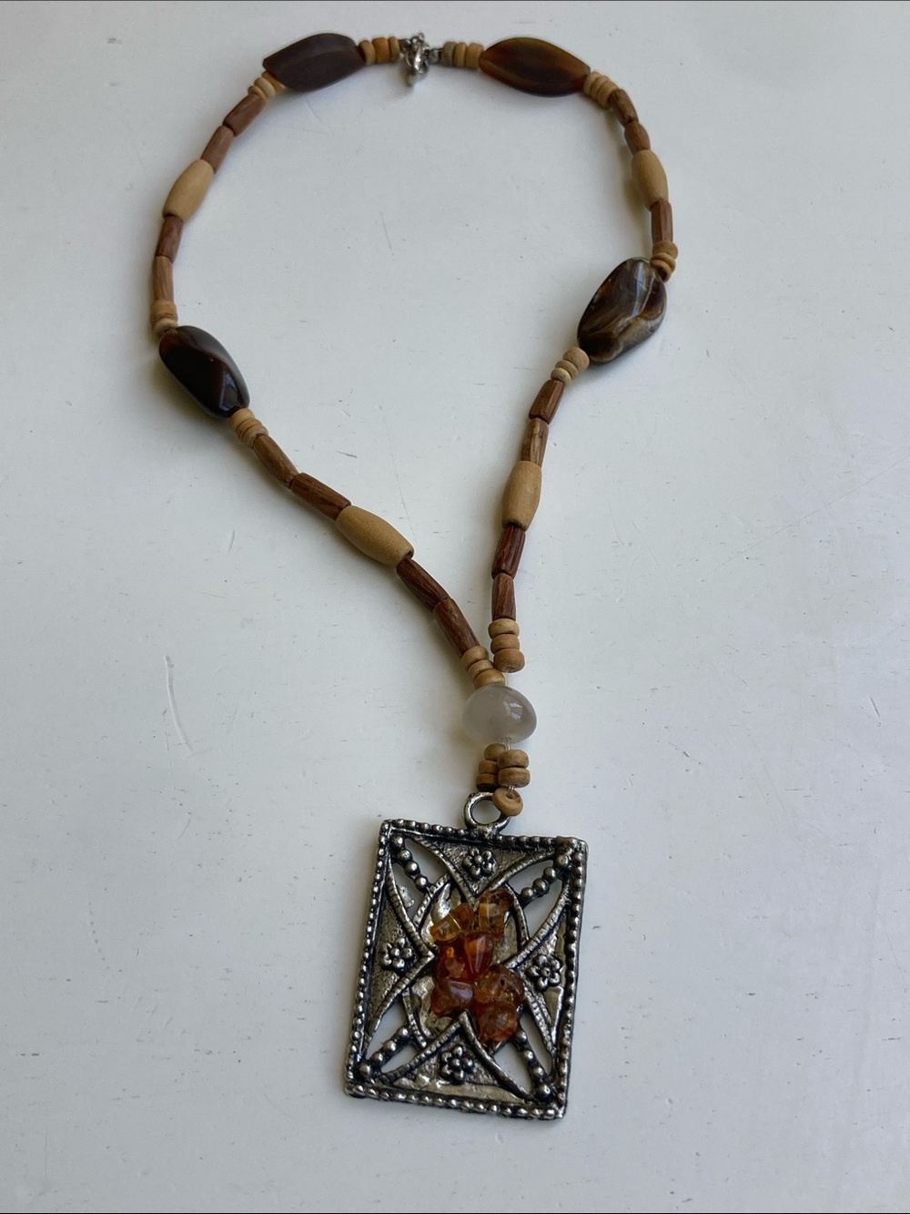 Beaded Brown and Amber Silver Pendant Necklace